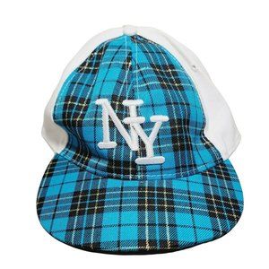 New York NY Fifty Plaid Baseball Cap Hat Turquoise White Black One Sz 7.5